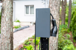 Home ev charging station installed in private residential yard
